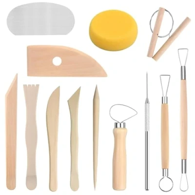 Afbeelding van Longivia® 13 stuks professionele beukenhouten klei modelleergereedschap, snijgereedschap, das en keramische modellering, houtstaarten kleikruimels, gereedschapsset