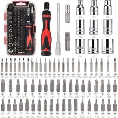 Image de Amazon Basics Jeu de tournevis précision 73 pièces avec clé à cliquet magnétique pour l&#039;électronique, noir, rouge, argent