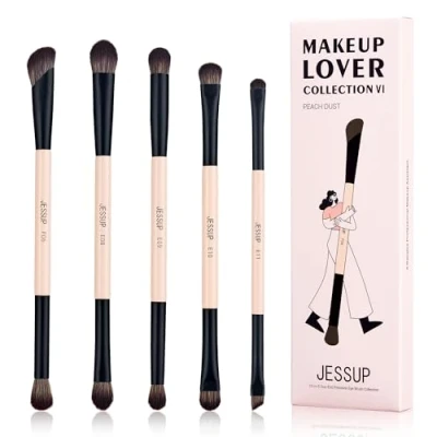 Afbeelding van Jessup 10 in 5 oogmake upkwasten, dubbele uiteinden, oogschaduwkwasten, set voor contour, blending, eyeliner, shader borstel, veganistische vezel precisie oogkwasten, perzik stof