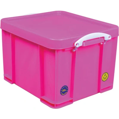 Afbeelding van Really Useful Box opbergdoos 35 liter, neonroze met witte handvaten
