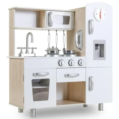 Afbeelding van Kinderkeuken, keukenspeelgoed voor kinderen, 81 x 74 30 cm, van hout, met lichteffecten en gesimuleerde geluiden, uitgerust keukenaccessoires, wit
