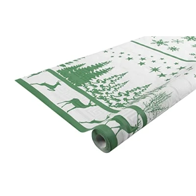 Afbeelding van Pro tafelkleed: 12 damastpapieren wegwerptafelkleden op een rol van 6 m lang en 1,20 breed, kerstkleur dennengroen. Damastpapier met chic klassiek universeel patroon.