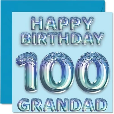 Afbeelding van Verjaardagskaart voor opa 100 jaar, blauwe glitterballonnen, verjaardagskaarten jarige grootvader van kleinzoon en kleindochter, 145 mm x