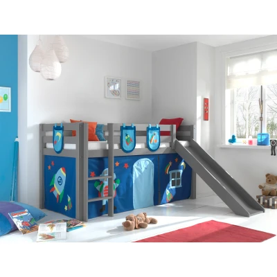 Afbeelding van LUCEVI Pino Halfhoogslaper + Ladder Glijbaan Astro Gordijntjes 3 Zakjes Grijs 90x200 cm