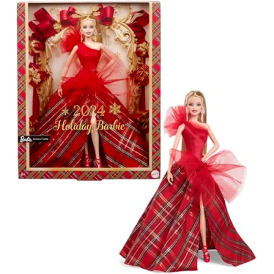 Afbeelding van Barbie Signature, 2024 Holiday Blonde met geruite jurk en rok, seizoenscadeau voor verzamelaars in een verpakking die kan worden weergegeven, HRM65