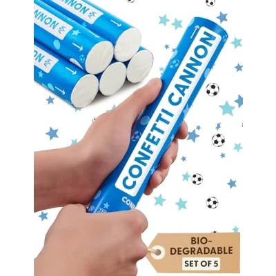 Afbeelding van 5 confettikanonnen voor verjaardag, kinderen, biologisch afbreekbaar, confetti voetbal en blauwe sterren, FSC® gecertificeerd papier, kinderfeestjes sportevenementen