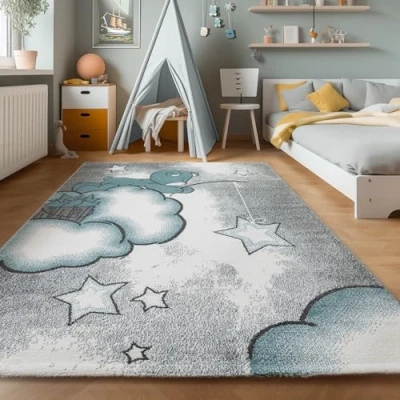 Afbeelding van SIMPEX kindertapijt, beer design, blauw tapijt, 120 cm rond, kinderkamer tapijt