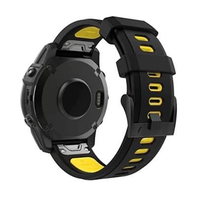 Afbeelding van MoKo Horlogebandje compatibel met Garmin Fenix 7/7 Pro/6/6 Pro/5/5 Plus/Forerunner 965/955/945/Instinct Solar/Instinct 2, Quick Fit 22 mm zachte siliconen reserveband sport polsband, zwart/geel