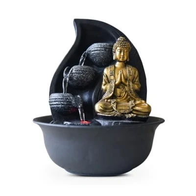 Afbeelding van fontein Boeddha Praya 22 cm hoog interieur voor binnen relaxeer zen waterornament cadeau geschenk verjaardag kerst nieuwjaar origineel lente zomer lentecollectie zomercollectie afkoeling koelte