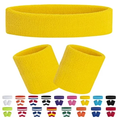 Afbeelding van FACATH Set gele sporthoofdbanden van badstof voor training, basketbal, vochtafvoerend, zweetabsorberend, gestreepte zweetband