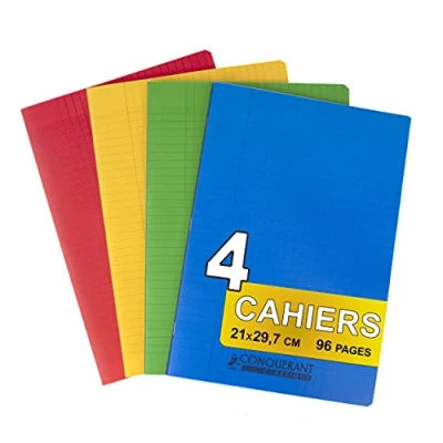 Afbeelding van Conquérant 4 geniete notitieboeken, A4, 21 x 29,7 cm, grote ruitjes, Seyès 96 pagina&#039;s, 90 g, verschillende kleuren