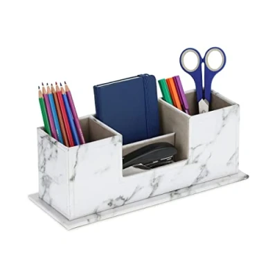 Afbeelding van Relaxdays pennenbak marmer look bureau organizer 4 vakken pennenhouder kantoor