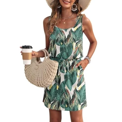 Afbeelding van WNEEDU Zomerjurk voor dames, mouwloos, U hals, trekkoord, luchtige jurk met zakken, Print bladeren, M