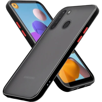 Afbeelding van Cadorabo Hoesje geschikt voor Samsung Galaxy A21 in Mat Zwart Rode Knopen Hybride beschermhoes met TPU siliconen Case Cover binnenkant en matte plastic achterkant