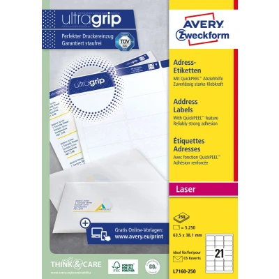Afbeelding van Avery L7160, Adresetiketten, Laser, Ultragrip, wit, 250 vellen, 21 per vel, 63,5 x 38,1 mm etiket
