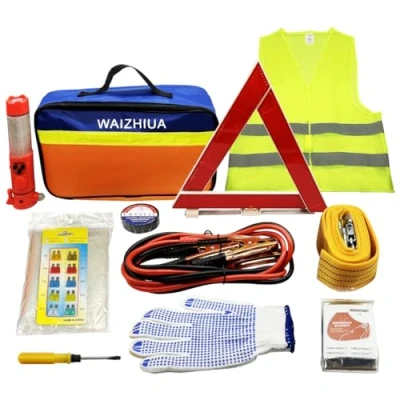 Afbeelding van WAIZHIUA 12 stuks auto noodgereedschap, Europese weghulp set, autoveiligheidsset met driehoek, veiligheidsvest, sleeptouw, veiligheidshamer voor auto,