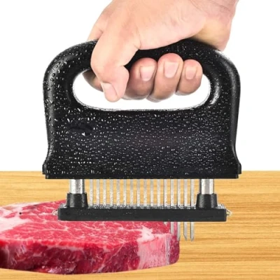 Afbeelding van Professionele roestvrijstalen vleeshamer, 48 afneembare messen, schnitzelvermalser met antislip handgreep, zeer resistent, keukengereedschap voor schnitzel, rundvlees, kip, varkensvlees