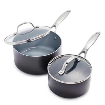 Afbeelding van GreenPan Valencia Pro pannen 16 cm en 20 van hard geanodiseerd keramiek, antiaanbaklaag, 2 stuks, PFAS vrij, inductie, vaatwasser, oven, grijs