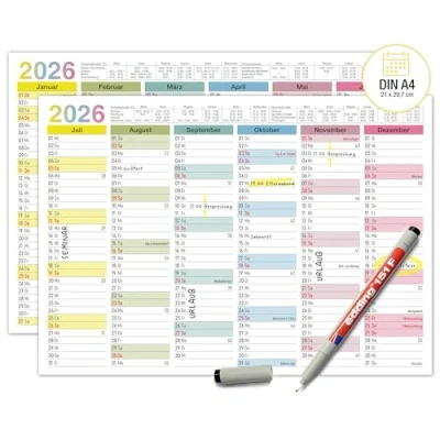 Afbeelding van TOBJA A4 kalender 2025, A4, jaarplanner, kleurrijk, uitwisbaar, in water oplosbaar, met pen, wandkalender 2025 (uitwisbaar + 1 pen)