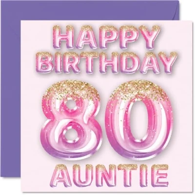 Afbeelding van Verjaardagskaart voor tante 80 jaar, roze en paarse glitterballonnen, verjaardagskaarten jarige tante, neef nichtje, 145 mm x