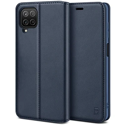 Afbeelding van BEZ® beschermhoes voor Samsung Galaxy A12, van hoogwaardig leer, flip case, met creditcardvakken, magneetsluiting, marineblauw