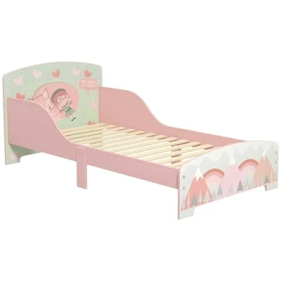 Afbeelding van ZONEKIZ Kinderbed vloerbed voor kinderen van 3 tot 6 jaar met veiligheidshekken en motieven afmetingen 77 x 143 60 cm lattenbodem inbegrepen roze