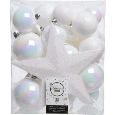 Afbeelding van Kerstballen Mix Met Piek Box 33 Stuks Wit Iris