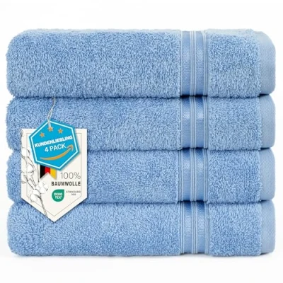 Afbeelding van Hammetex Set van 4 handdoeken, 100% katoen, premium kwaliteit, grote 50 x 100 cm, zacht, absorberend en sneldrogend, lichtblauw