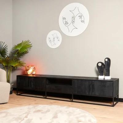 Afbeelding van tv meubel Milan zwart 240 cm kast mangohout en staal