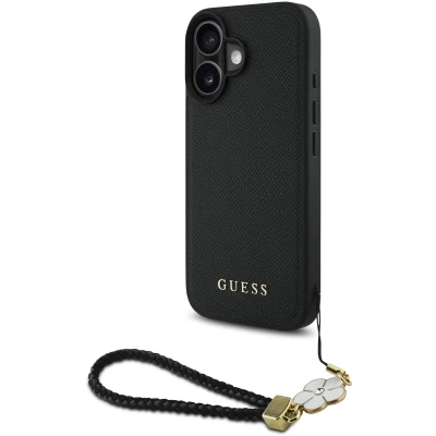 Afbeelding van Guess Hoesje Geschikt voor iPhone 16 Met Koord Backcover MagSafe Grained Flower Charm Strap Zwart