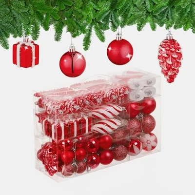 Afbeelding van Relaxdays kerstballen kerstboomballen kerstboomdecoratie set van 72 kunststof rood
