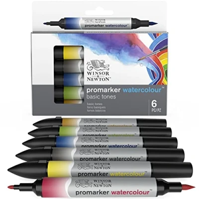 Afbeelding van Winsor &amp; Newton Watercolour Marker brush pens set Basic Tones 6 stuks