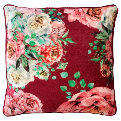 Afbeelding van Dutch Decor MINOU Sierkussen 45x45 cm velvet bloemen red plum roze rood groen streepjes