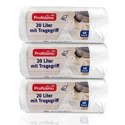 Afbeelding van Vuilniszakken met draaggreep, 20 liter, scheurvast en vloeistofdicht, verpakking van 3, 120 stuks (3 x 40 stuks), product recyclebaar