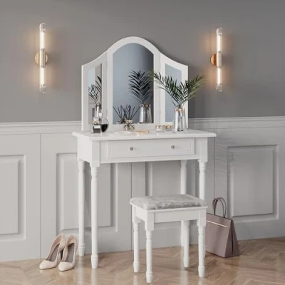 Afbeelding van Vicco Make uptafel set met kruk Kate, Wit, 80 cm