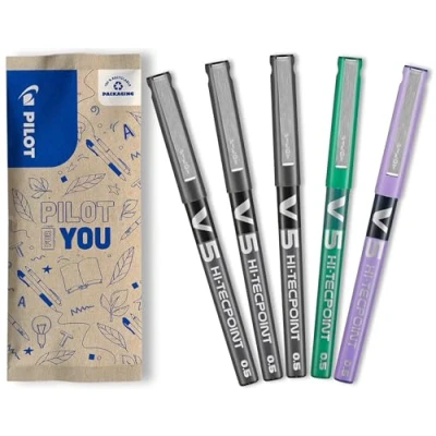 Afbeelding van PILOT V5 rollerball met Fijne punt voor soepel en nauwkeurig schrijven Sneldrogend zonder vlekken 3 zwart, 1 groen, paars (0,5 mm)