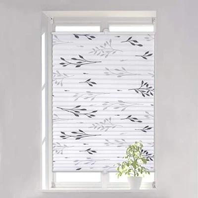 Afbeelding van WOLTU Easyfix plisségordijn, klembevestiging, zonder boren 90 x 130 cm grijs, plisségordijn met klemdragers, rolgordijn takkenmotief ondoorzichtig zonwering jaloezie voor deur en raam