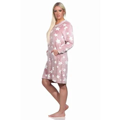 Afbeelding van Normann Nachthemd met lange mouwen voor dames, manchetten in sterlook van behaaglijk koraalfleece, Roze