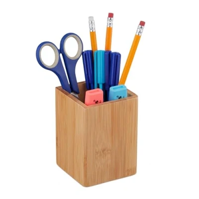 Afbeelding van Relaxdays pennenhouder bamboe 11 x 8 cm klein vierkant bureau organizer