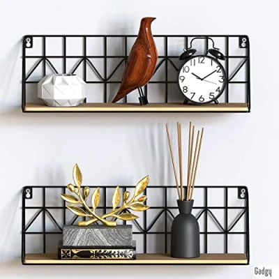 Afbeelding van Gadgy Wandrekken Industrieel Set van 2 Wandrek Zwart met Hout Wanddecoratie Woonkamer Muurdecoratie Metaal Wandplank zwevend voor Slaapkamer Boekenrek 45 cm