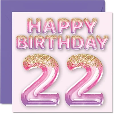 Afbeelding van Stuff4 Verjaardagskaart voor vrouwen, 22 jaar, roze en paarse glitterballonnen, verjaardagskaarten meisjes, zus, tante, neef, 145 mm x