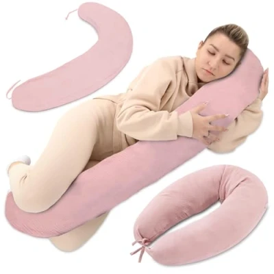 Afbeelding van Borstvoedingskussen, chiffon, zijslaapkussen, katoenen zwangerschapskussen, positioneringskussen voor volwassenen, 190 cm, roze, XXL