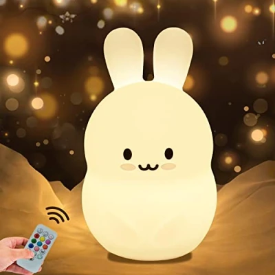 Afbeelding van WHA&amp;DARREN Groot konijn nachtlampje, nachtlampje voor kinderen, bedlampje baby&#039;s, kinderlamp, led, 9 kleuren, siliconen