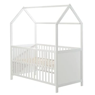 Afbeelding van roba Babybed, schaalbaar, 70 x 140 cm, om te bouwen tot een juniorbed, in hoogte verstelbaar, 3 afneembare stangen, wit hout
