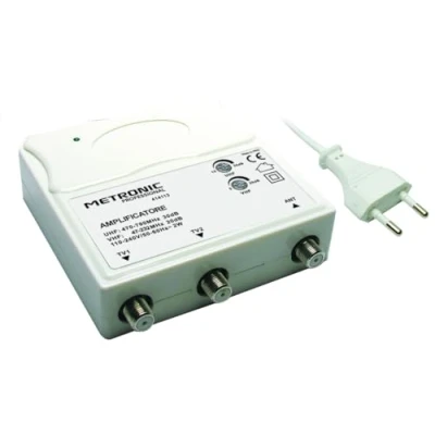 Afbeelding van Metronic 414113 Vhf/Uhf tv versterker voor terrestrische digital met Lte filter, Vhf 25 dB instelbaar, Uhf 30 verstelbaar, 1 ingang/2 uitgangen, binnen, wit