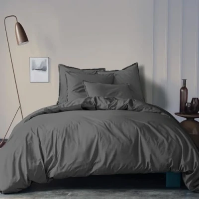 Afbeelding van MATT &amp; ROSE Beddengoed, effen, katoen, gewassen voor 2 personen, 100% Oeko Tex, dekbedovertrek 260 x 240 cm + kussenslopen met franjes, 65 cm, uniseks, antraciet
