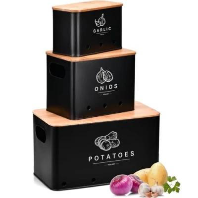 Afbeelding van YESLUSY Set van 3 opbergdozen voor aardappelen, uien en knoflook met bamboedeksel ventilatiegaten, ruimtebesparende dozen, retro design (zwart)