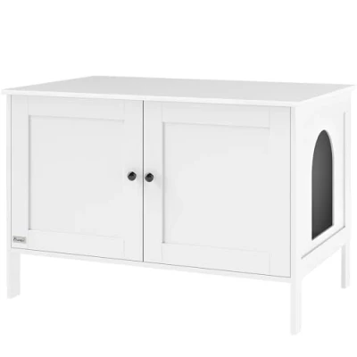 Afbeelding van PawHut Armoire à litière pour chat avec porte, cloison de séparation, grands chats, table d&#039;appoint, grotte chat, 80 x 51 54 cm, blanche