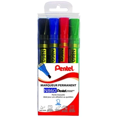 Afbeelding van Pentel N860/4 permanente marker met wigvormige punt, middelste zwart/rood/blauw/groen, 4 stuks