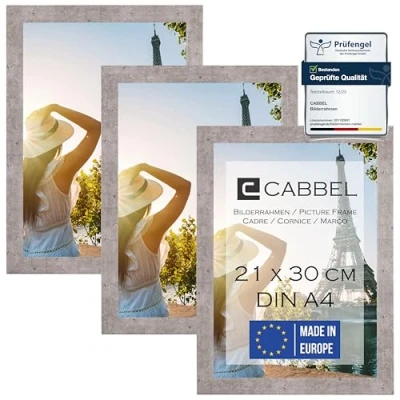 Afbeelding van CABBEL Set van 3 fotolijsten, mdf lijst met onbreekbaar acrylglas, grijs (beton), A4 formaat, 21 x 30 cm